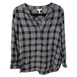 Joie Blouse - Black and White Plaid  Checkered V-neck Long Sleeve - S